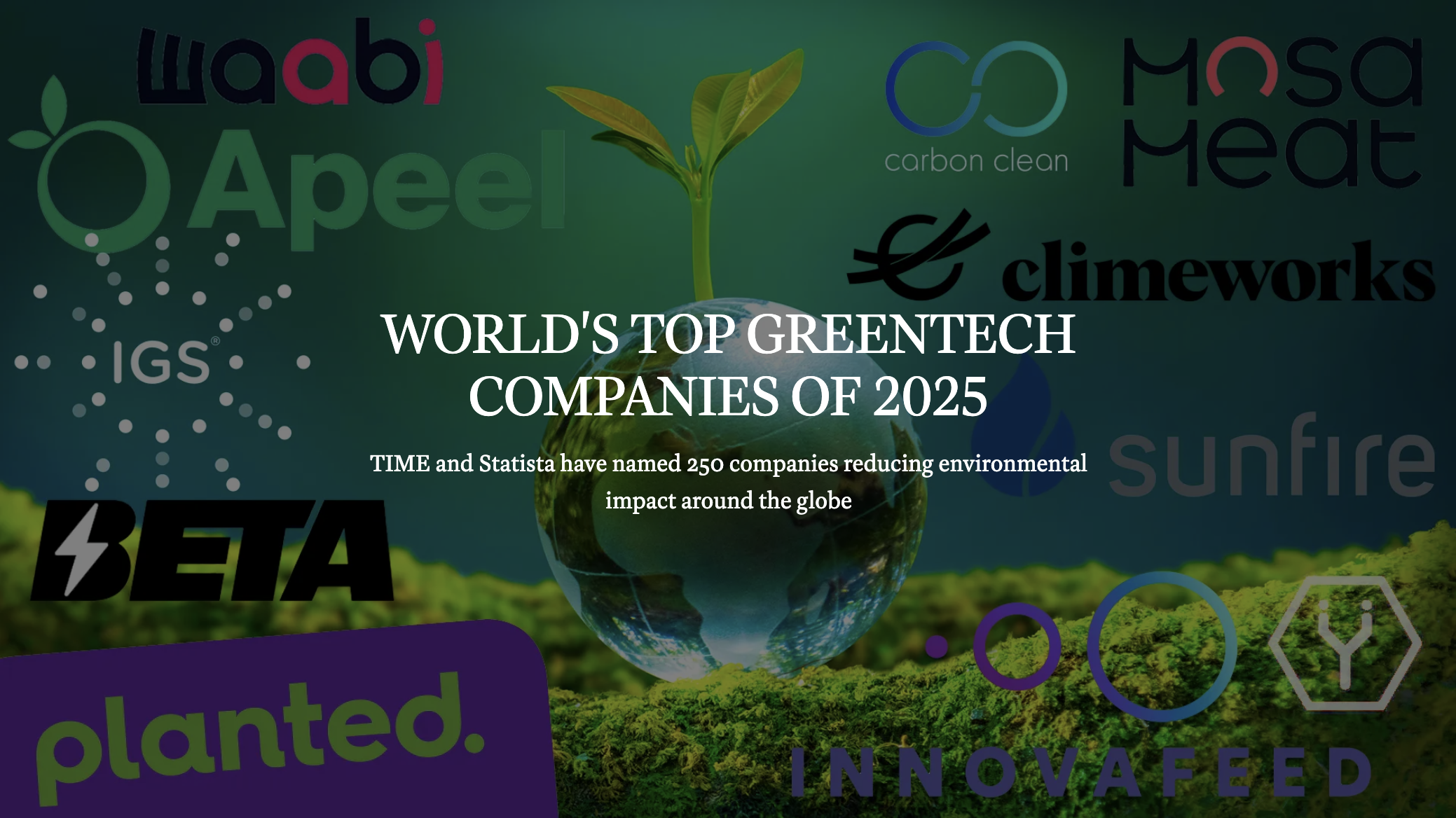 Text reads: World's Top GreenTech Companies of 2025 TIME and Statista have named 250 companies reducing environmental impact around the globe